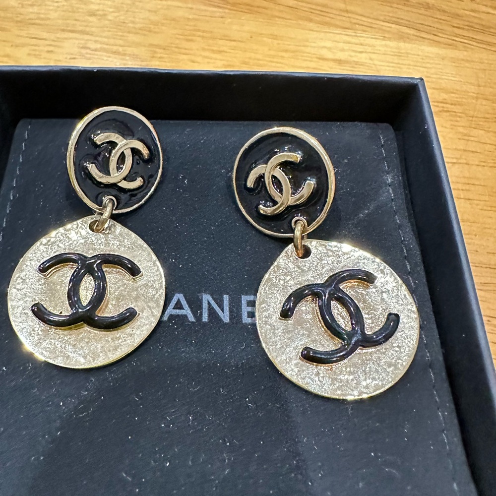 CHANEL Gold and Black Double-Drop Earrings